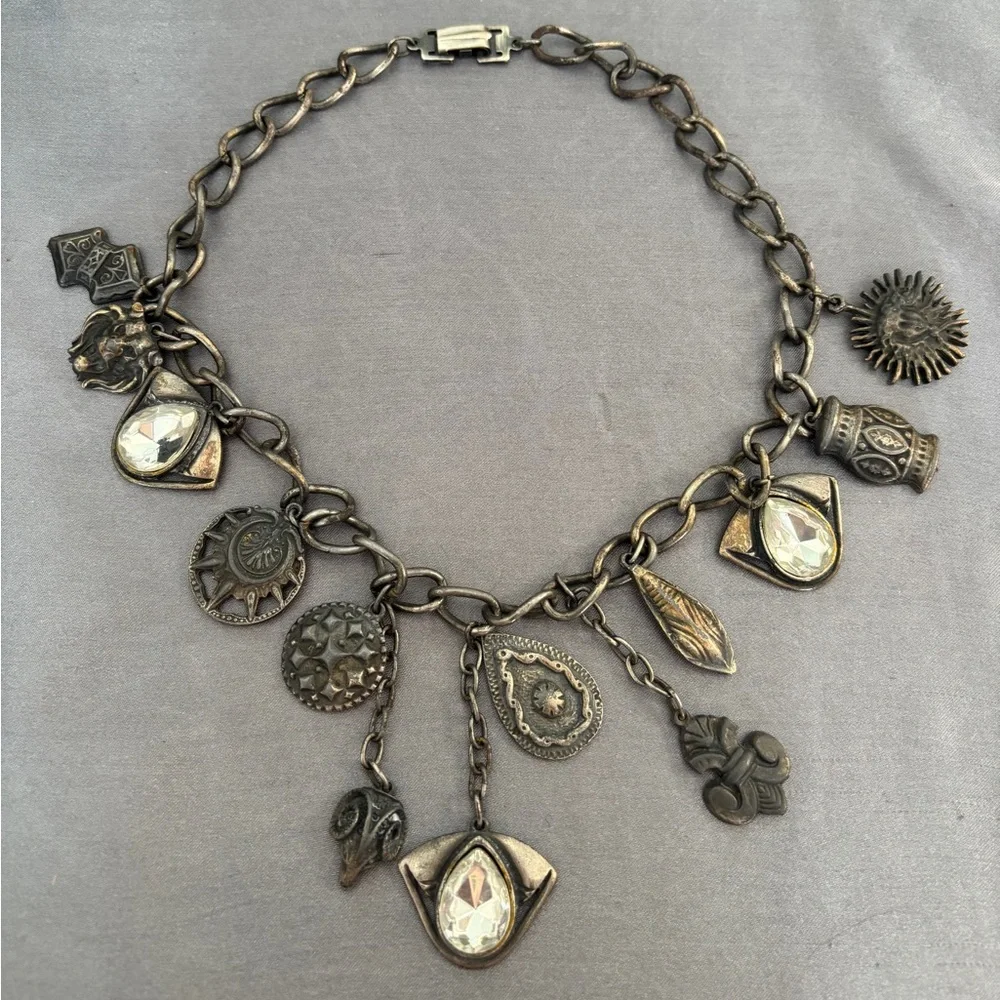 Rare Vintage Silvertone Celestial Boho Goth Charm Necklace Chocker 17” Chunky